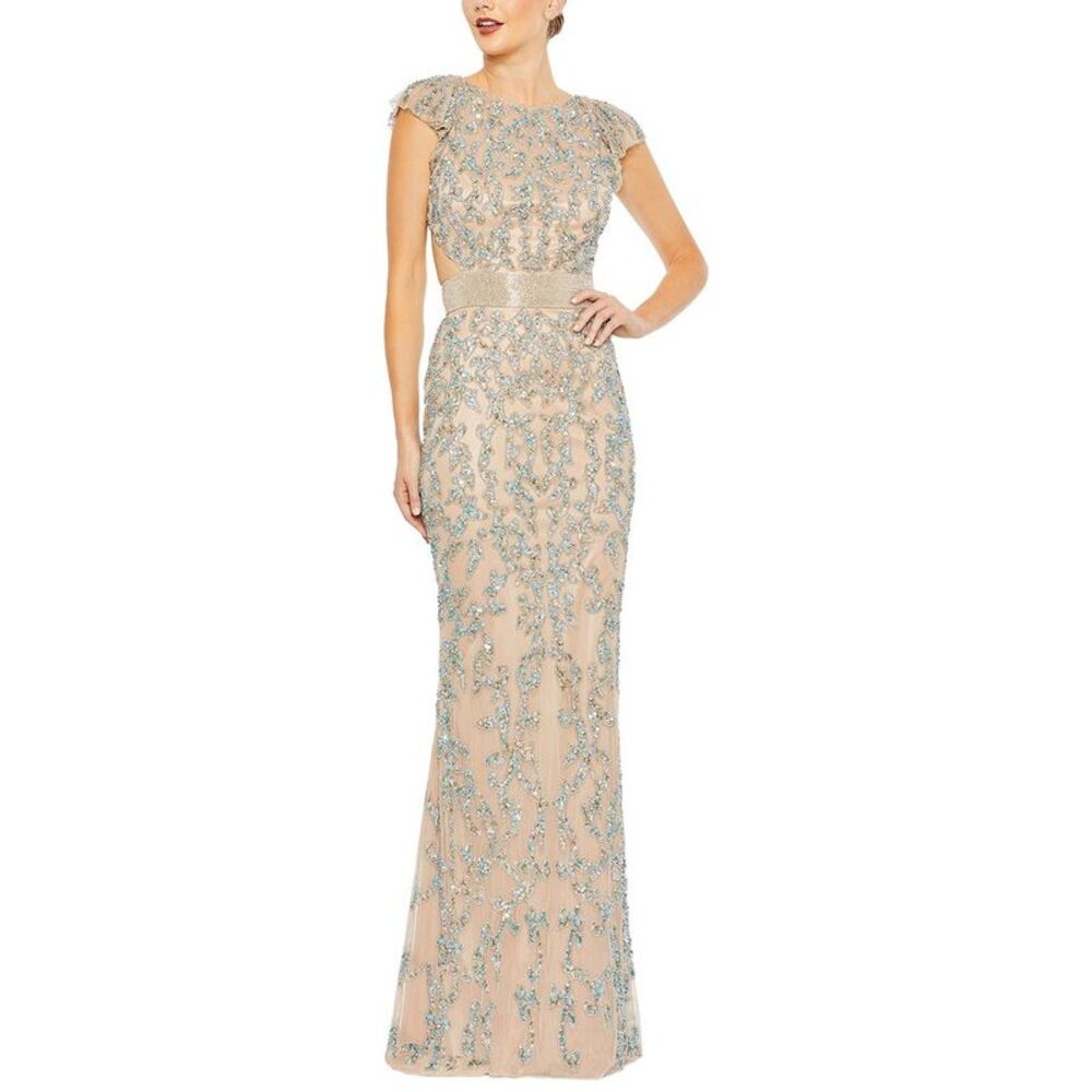 Mac Duggal Womens  Beaded Mesh Cap Sleeve High Neck Column Gown